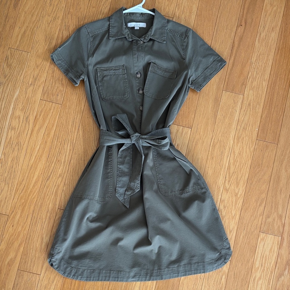 LOFT Olive Green Shirt Dress with Tie Waist size XS